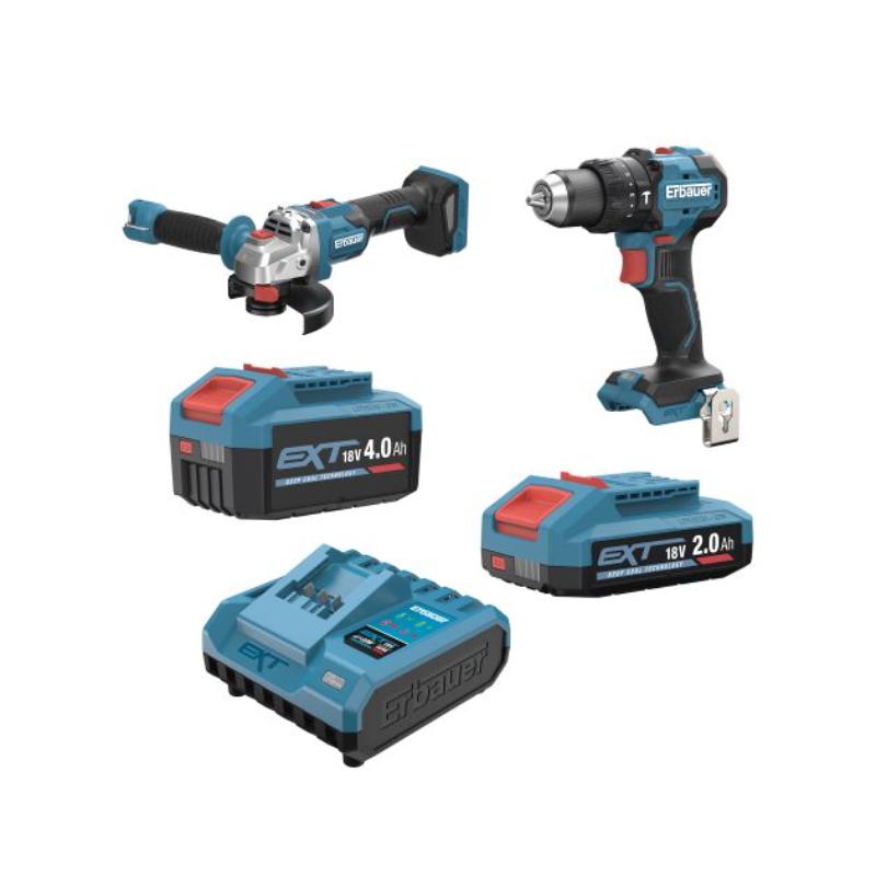 Pack Taladro Percutor 18V 75Nm + Amoladora 125 mm Brushless Erbauer con 2 Baterías