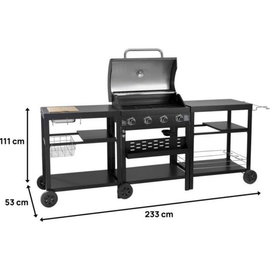 Cocina Exterior con Barbacoa de Gas 4 Quemadores 12 kW y 2 Mesas Auxiliares - Negro