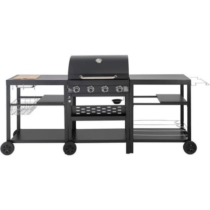 Cocina Exterior con Barbacoa de Gas 4 Quemadores 12 kW y 2 Mesas Auxiliares - Negro