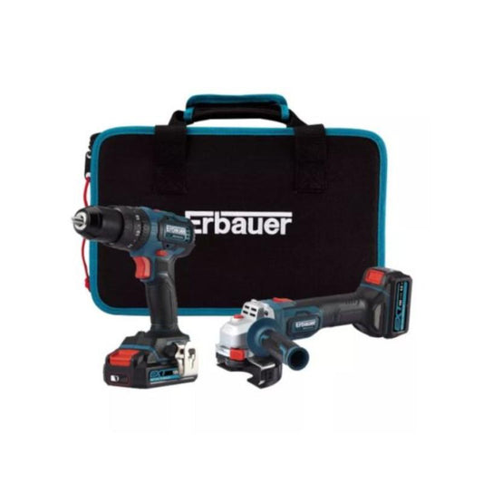 Pack Taladro Percutor y Amoladora Brushless Erbauer 18V con 2 Baterías y Maletín