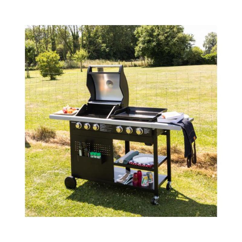 Barbacoa de Gas VESUVIO Duo 6 Quemadores con Plancha Integrada 18 kW - Negra