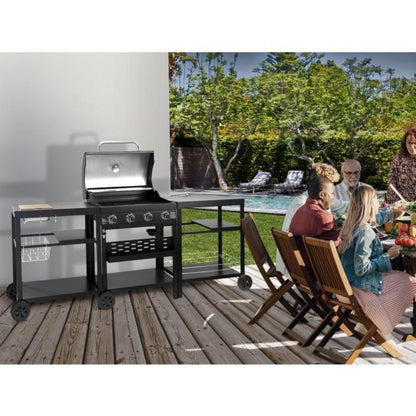 Cocina Exterior con Barbacoa de Gas 4 Quemadores 12 kW y 2 Mesas Auxiliares - Negro