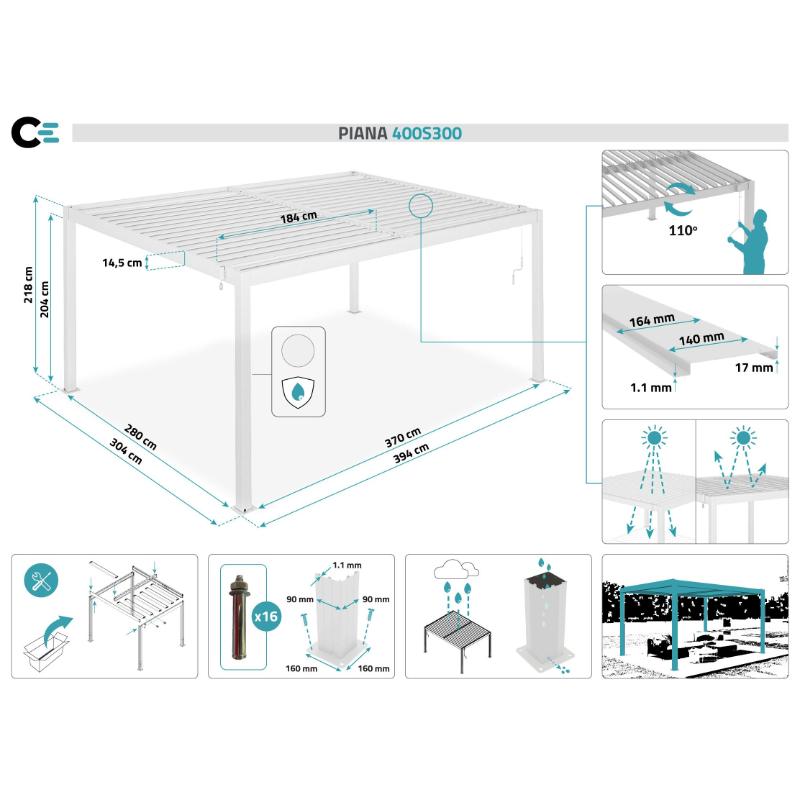 Pérgola Bioclimática Autoportante PIANA 4x3 m Aluminio Blanco con Lamas Orientables