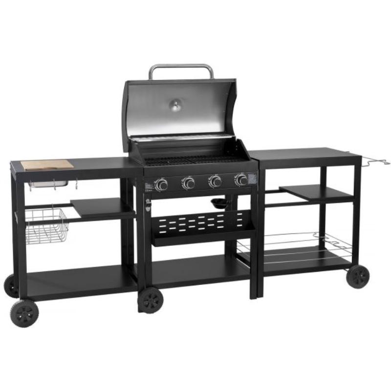 Cocina Exterior con Barbacoa de Gas 4 Quemadores 12 kW y 2 Mesas Auxiliares - Negro