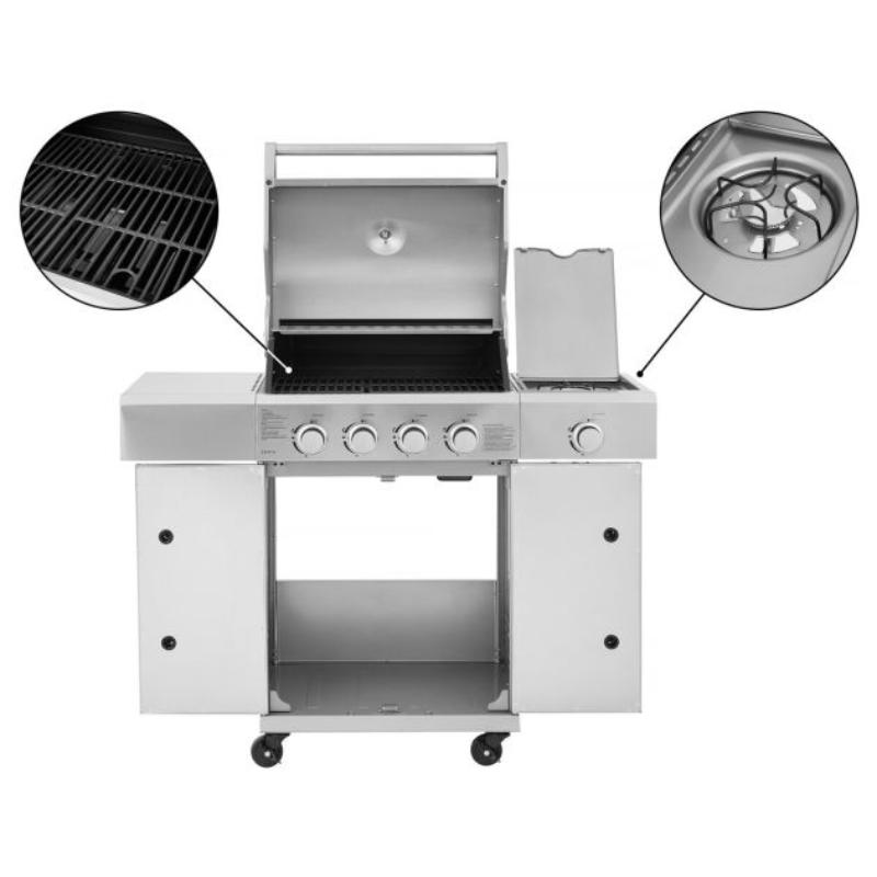Barbacoa de Gas BRAZZO 5 Quemadores con Plancha y Quemador Lateral 14,5 kW - Acero Inoxidable Gris